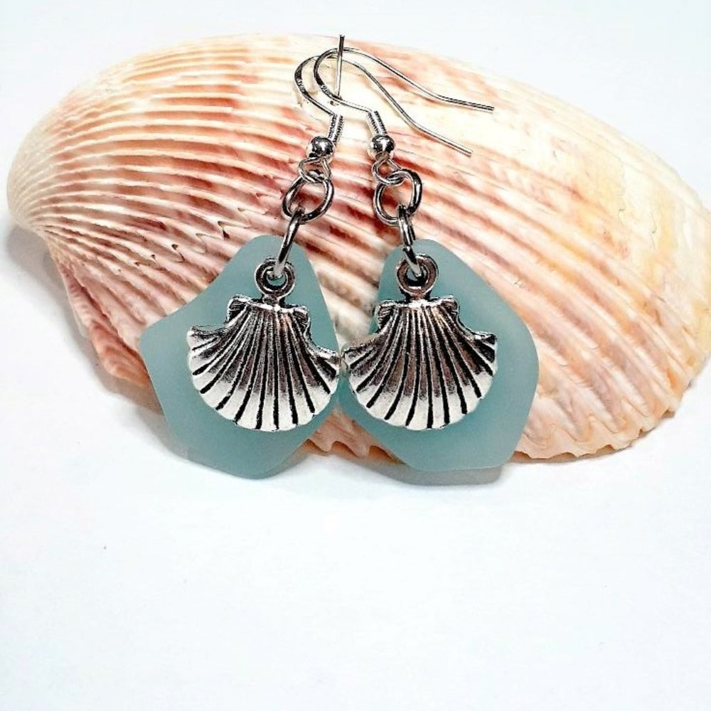 Sky Blue Sea Glass Clam Shell Earrings